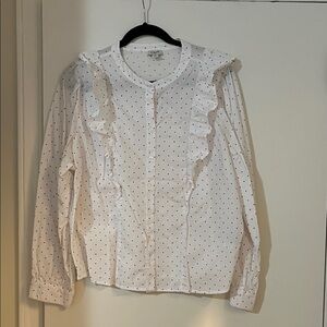 J. Crew White Button-Down Blouse with Red Polka Dots and Ruffle Trim